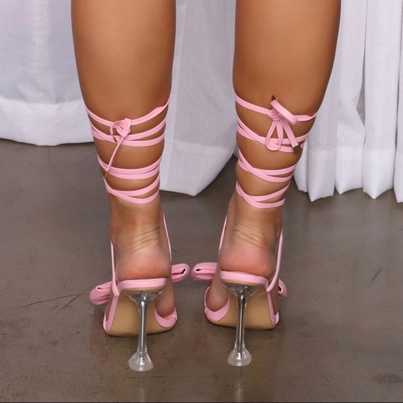 Pink clear lucite strappy wrap up big bow high heel sandals sz 10 Fashion Nova - Picture 4 of 4